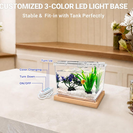 Mini Betta Fish Tank Kit 0.2 Gallon with 3 Colour LED Light Base and Artificial Plants