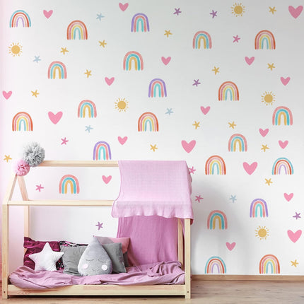 Rainbow Wall Stickers – Watercolor Hearts, Stars & Sun, Classic Colors