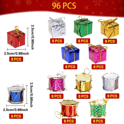 96PCS Mini Christmas Ornaments – Metallic Gift Boxes & Drum Decorations