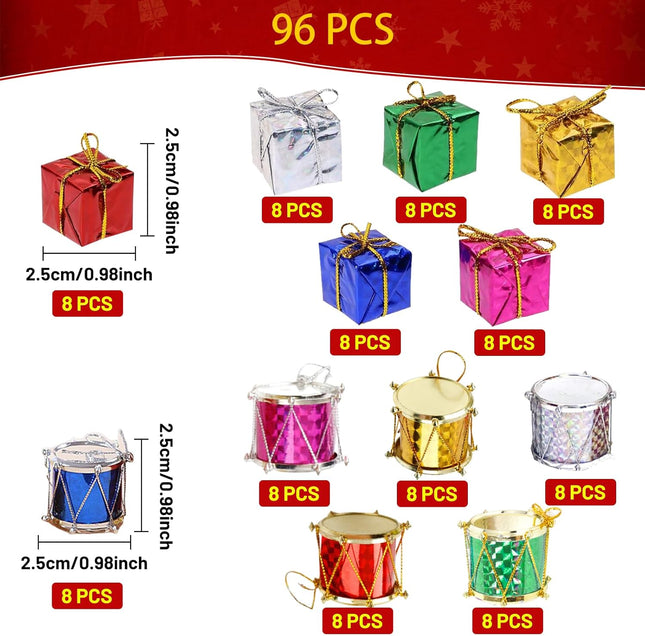 96PCS Mini Christmas Ornaments – Metallic Gift Boxes & Drum Decorations