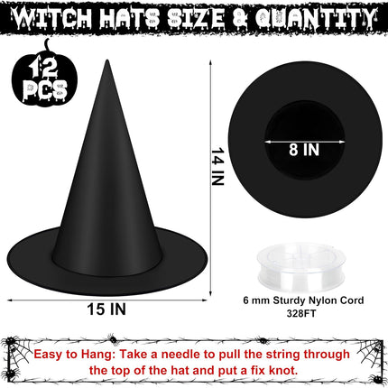 12-Piece Halloween Witch Hats with 328FT Cord, Hanging Porch & Yard Decorations