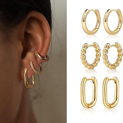 Gold/Silver Chunky Hoop Earrings Set – 14K Plated Twisted Huggie, Hypoallergenic