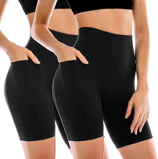 2 Pack Women's Biker Shorts with Pockets High Waisted Yoga Workout Gym Shorts