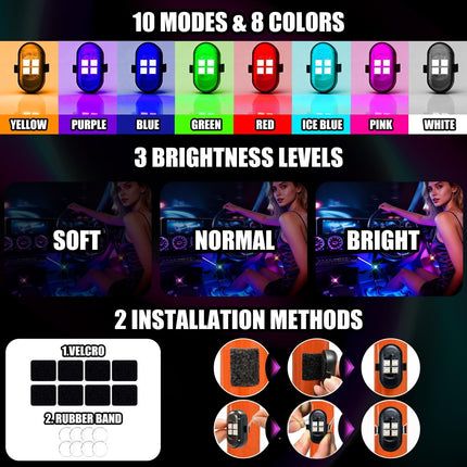 Wireless LED Car Interior Lights, 8 Colors, Rechargeable, Remote Control, 12H Battery Life