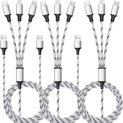 3-Pack 5ft Multi Charging Cable – 3-in-1 USB Type-C & Micro USB Nylon Braided