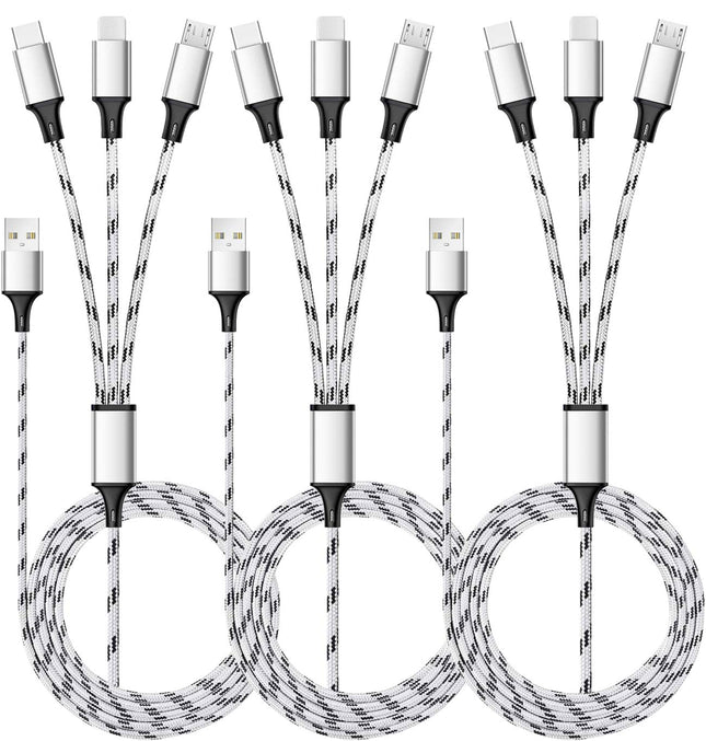 3-Pack 5ft Multi Charging Cable – 3-in-1 USB Type-C & Micro USB Nylon Braided