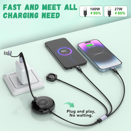 100W 5-in-1 Retractable USB Cable, Fast Charging for iWatch, iPhone & iPad