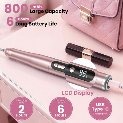 Cordless Nail Drill 35000RPM, Rechargeable Nail File with LCD Display & 9 Bits