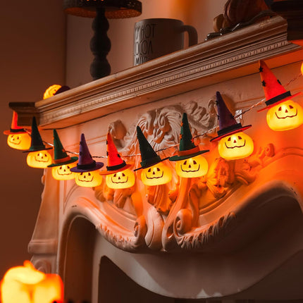 4.9FT 10LED Halloween String Lights, Pumpkin Witch Hat, Orange Purple Black Green