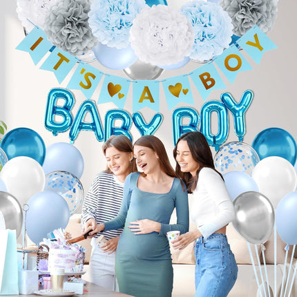 Blue Grey Baby Shower Party Decorations with Silver Balloons Banner Set
