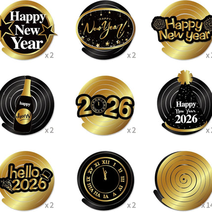 Happy New Year 2026 Hanging Swirls Decorations Glitter Gold Black NYE Party
