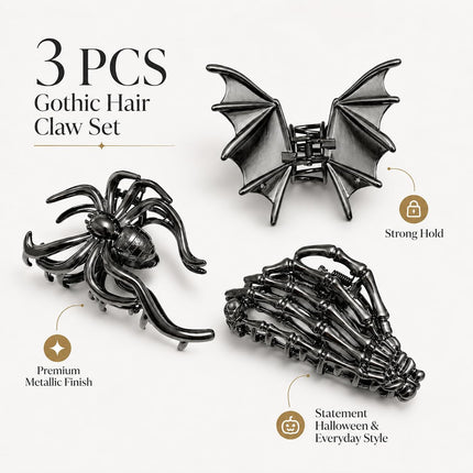 3PCS Halloween Gothic Hair Clips, Bat Wing, Spider & Skeleton Hand Claw Clips