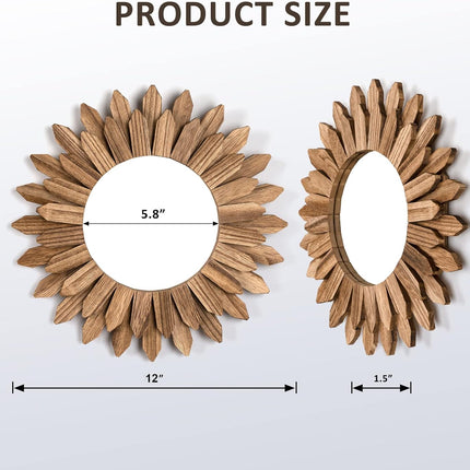 Decorative 12" Wall Mirror – Rustic Sunburst, Boho Style, Carbon Black