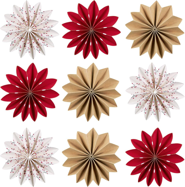 9-Piece Christmas Hanging Decorations, 3D Snowflake Ornaments in White, Red, and Brown