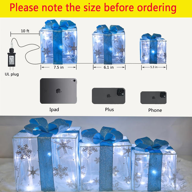 3-Pack LED Lighted Christmas Gift Boxes – 60 Cool White Lights, Indoor/Outdoor Decor