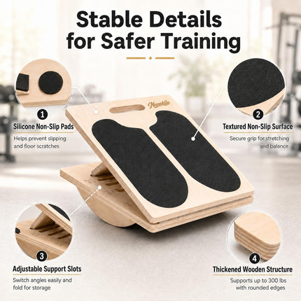 2-in-1 Wooden Slant Board & Balance Board, 5-Level Adjustable Calf Stretch Trainer