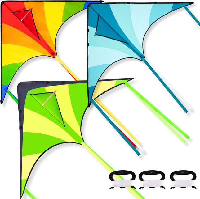 3 Pack Large Delta Rainbow Kites Easy to Fly Beach Toy for Kids & Adults