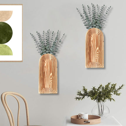 2 Pack Wooden Wall Vase Set, Brown Farmhouse Boho Decor for Entryway & Living Room