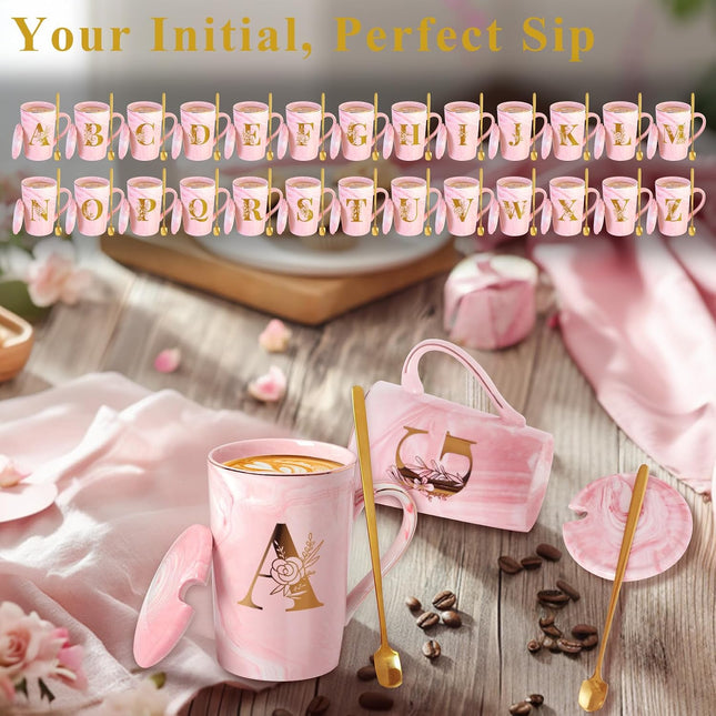 Personalized Pink Marble Ceramic Coffee Mug with Lid, Gold Monogram Gift for Women