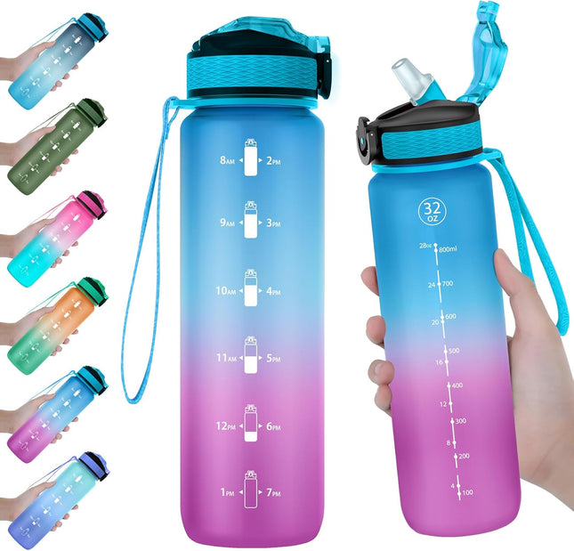 32 oz Water Bottle Time Marker Tritan BPA Free Leakproof Carry Strap