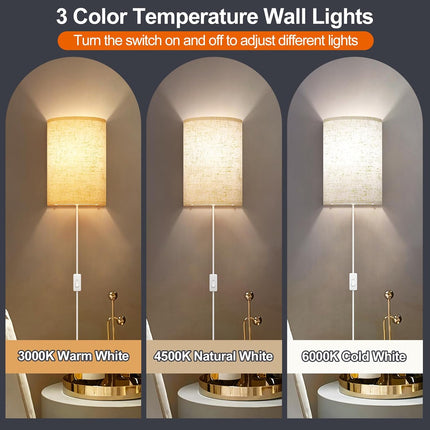 Set of 2 Plug In Wall Sconces Linen Fabric Shade Stepless Color Temperature Lamp