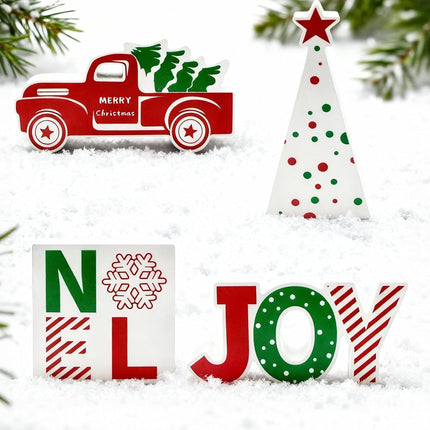 4PCS Christmas Wooden Table Decorations – Red Truck JOY NOEL Tiered Tray Decor