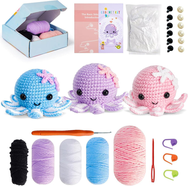 Beginner Crochet Kit to Make 3 Cute Amigurumi Animals with Video Tutorials and Yarn