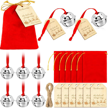 6PCS Christmas Believe Sleigh Bells – Silver Bells Gift Set with Tags & Bag