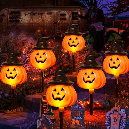 6-Pack Solar Jack-O-Lantern Stake String Lights, Orange Halloween Yard Pathway Decor