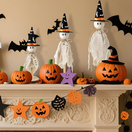 3-Piece Primitive Halloween Ghost Decor with Witch Hat & Bat, Wooden Table Signs