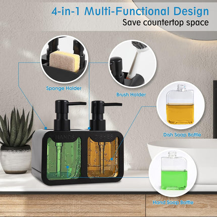 4-in-1 Kitchen Soap Dispenser Set with Sponge Caddy & Brush Holder, Black