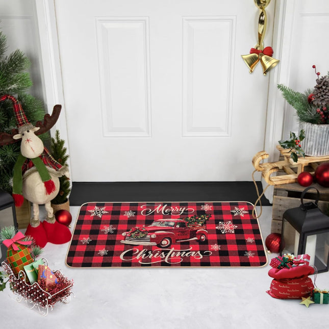 Christmas Red Truck Doormat – 17x30" Non-Slip, Buffalo Plaid