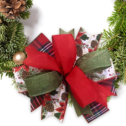 Red Green Christmas Wreath Bow 9x9in – Linen Farmhouse Bow with Pinecone