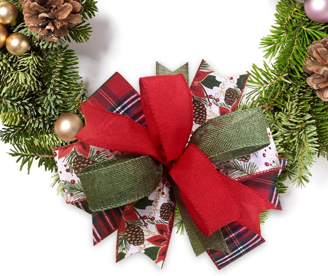 Red Green Christmas Wreath Bow 9x9in – Linen Farmhouse Bow with Pinecone