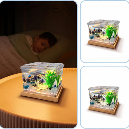 Mini Betta Fish Tank Kit 0.2 Gallon with 3 Colour LED Light Base and Artificial Plants