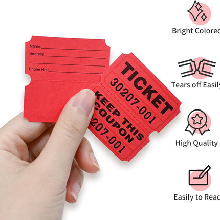 Red Raffle Tickets 1000 Pairs Double Roll 50/50 Numbered Tickets for Events and Prizes