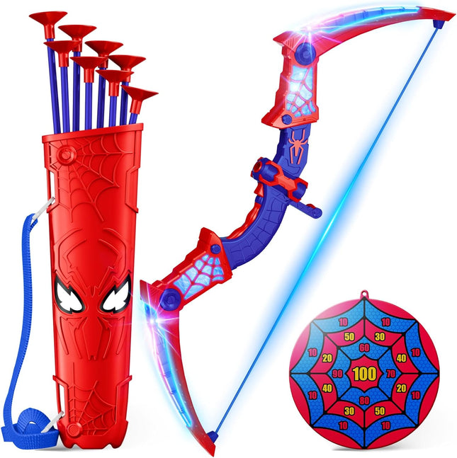 Spider Bow and Arrow Toy Set with LED Lights Target and 8 Suction Arrows