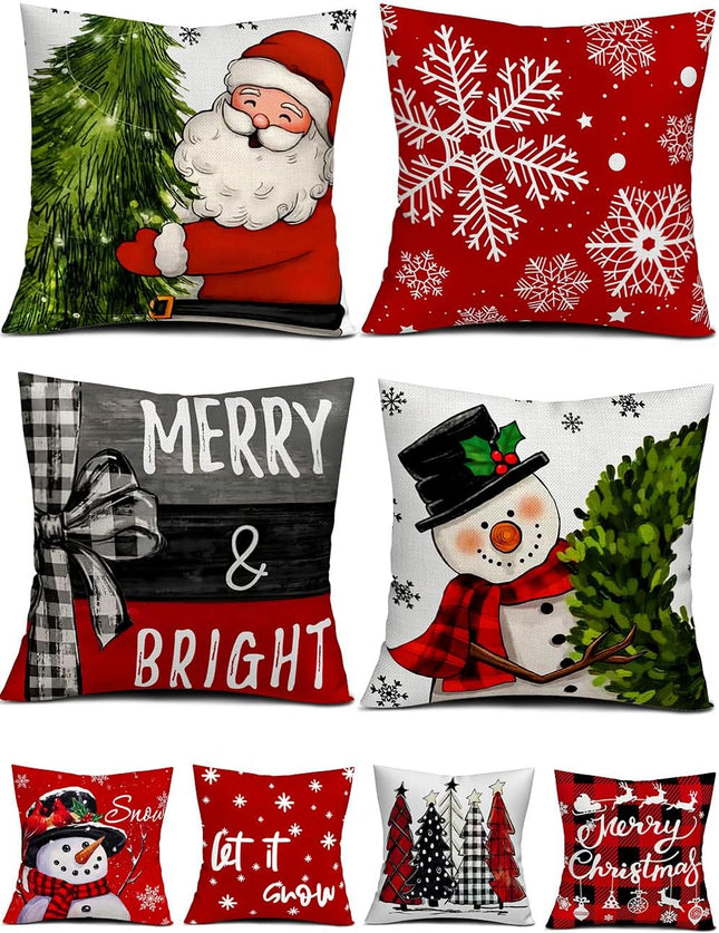 Christmas Decorations Set of 4 Double-Sided Print 18"x18" Pillow Covers with 8 Cute Designs