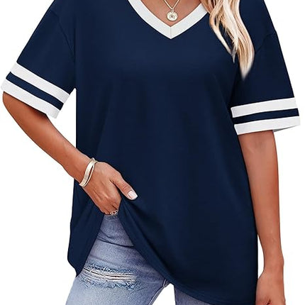 Women’s Loose Fit V Neck Color Block T Shirts Short Sleeve Summer Tops S–4XL