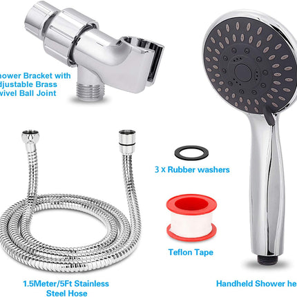 High Pressure 5-Setting Handheld Shower Head Stainless Hose Adjustable Mount