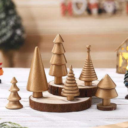 6PCS Mini Wooden Christmas Trees Gold Rustic Tabletop DIY Craft Decor