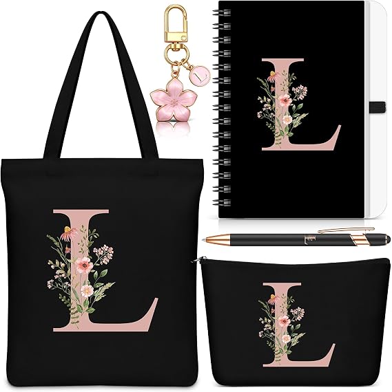 5-Piece Personalized Initial Gift Set for Women, Tote Bag, Makeup Bag, Keychain & Notebook