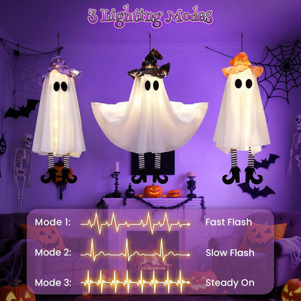 4-Pack Light-Up Halloween Ghosts with Witch Hats, 3 Modes, DIY Arms, Indoor Outdoor