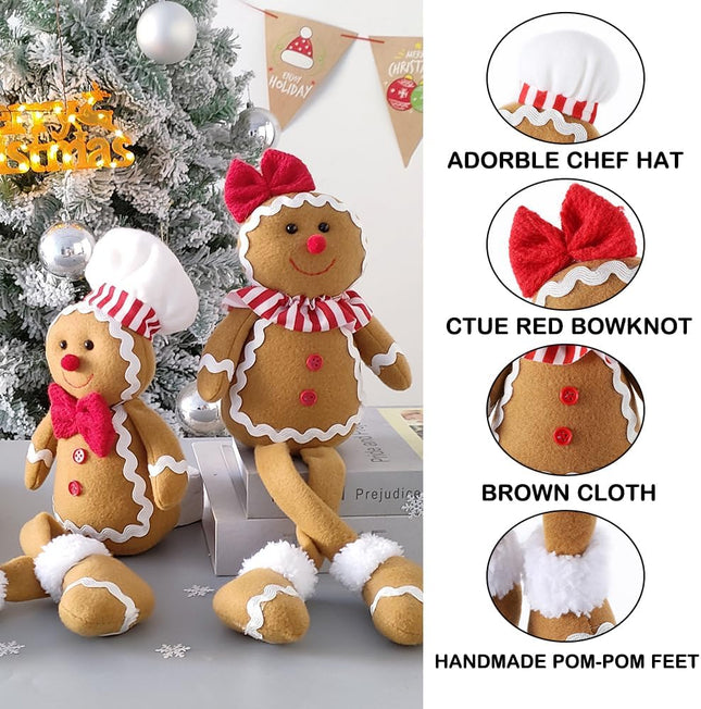 Christmas Plush Gingerbread Figures Boy & Girl with Chef Hat, Bowknot Ornaments Home