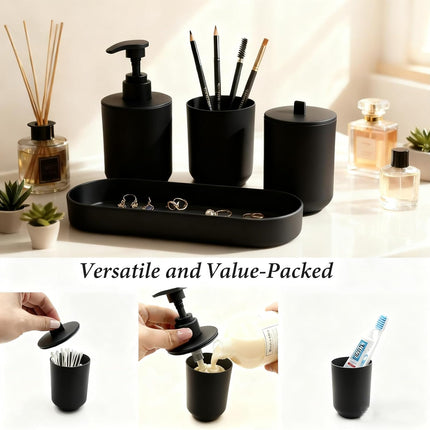 4-Piece Bathroom Accessories Set – Toothbrush Holder, Soap Dispenser, Black