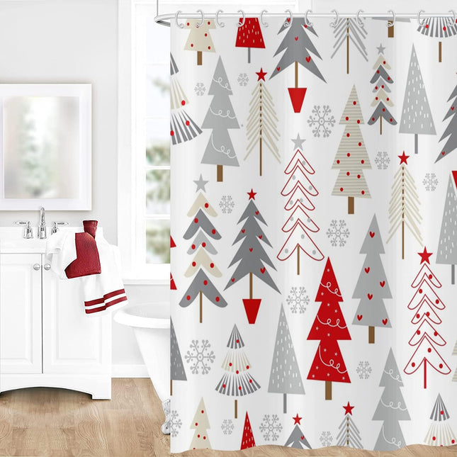 Christmas Tree Shower Curtain – Grey, Beige & Red with Stars, Snowflakes for Holiday Bathroom