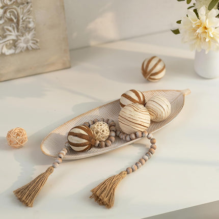 16-Inch Leaf Shaped Wooden Decorative Tray, Boho Key Bowl for Entryway and Living Room