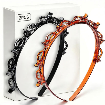 2Pcs Braided Bang Headband with Clips Teeth Woven Hairband for Women Black Brown