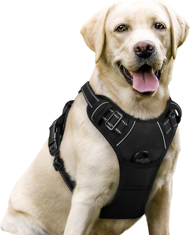 Black No Pull Dog Harness Large Dogs with Easy Control Handle and Leash Clips