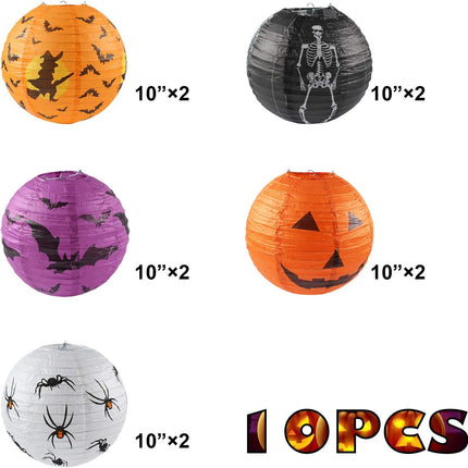 10-Pack 10in Halloween Paper Lanterns, Jack-O-Lantern Spider Skeleton Pumpkin Decor